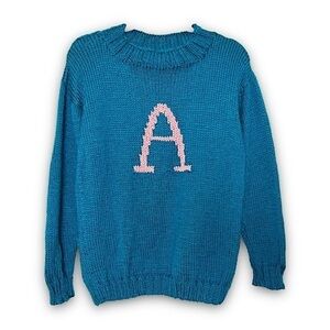 Handmade Thick Knit Graphic Monogram A Initial Crew Neck Tunic Sweater Teal‎ M